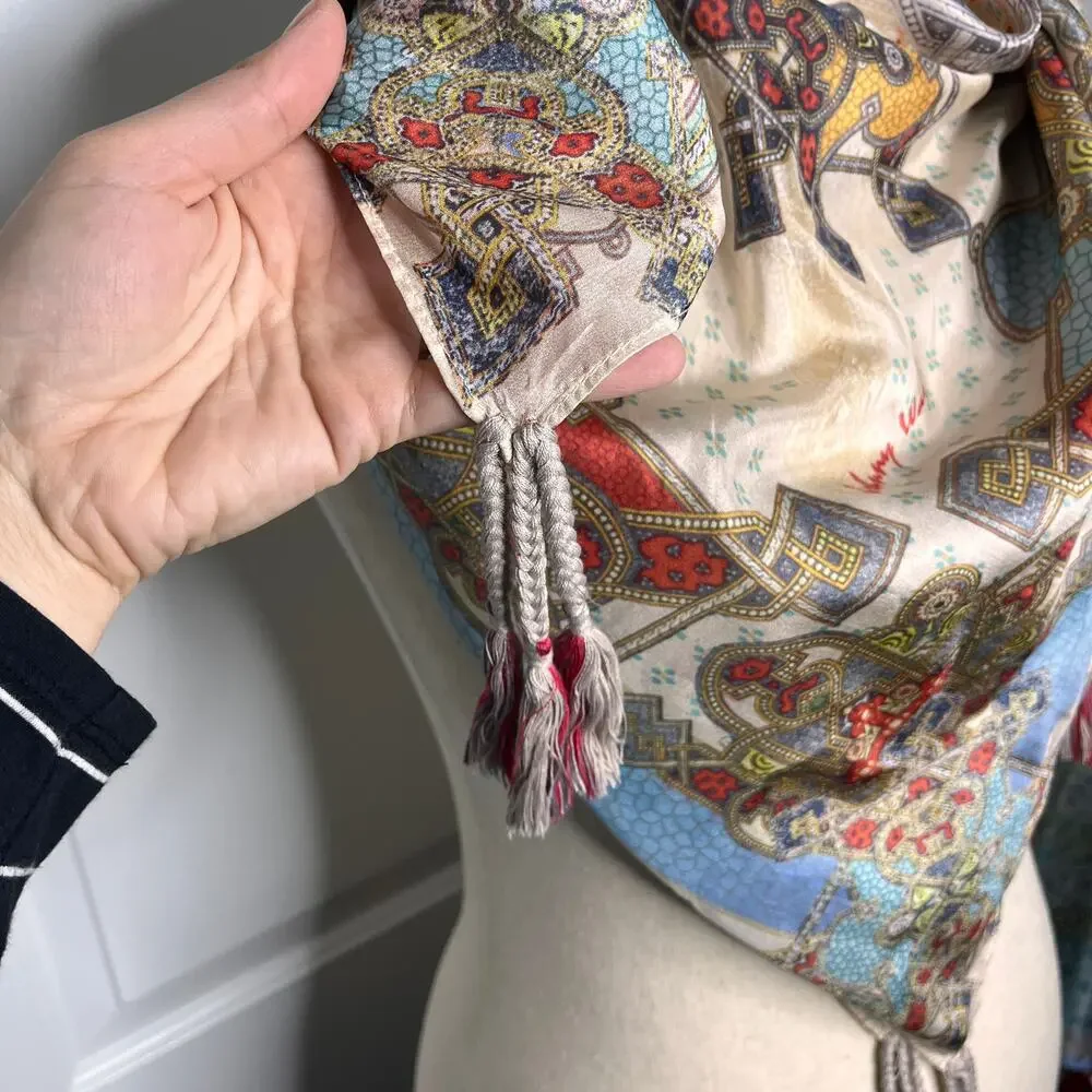 Johnny Was Silk Scarf Tassels Medallion Kaleidoscope Print Square 42x42 Blue
